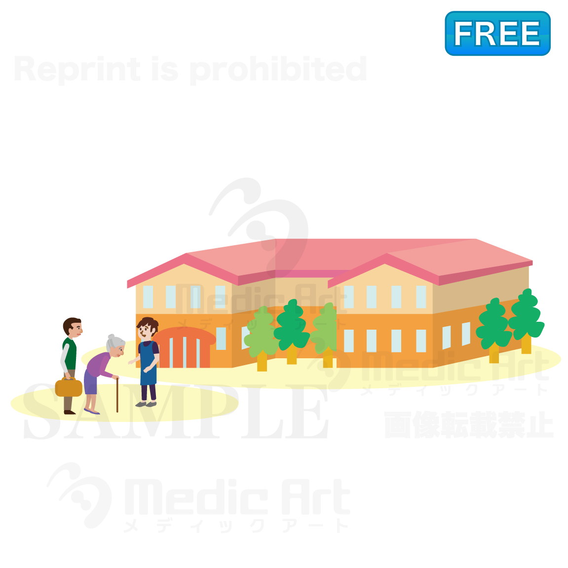 介護施設に母親を連れて行く息子さんと出迎える職員