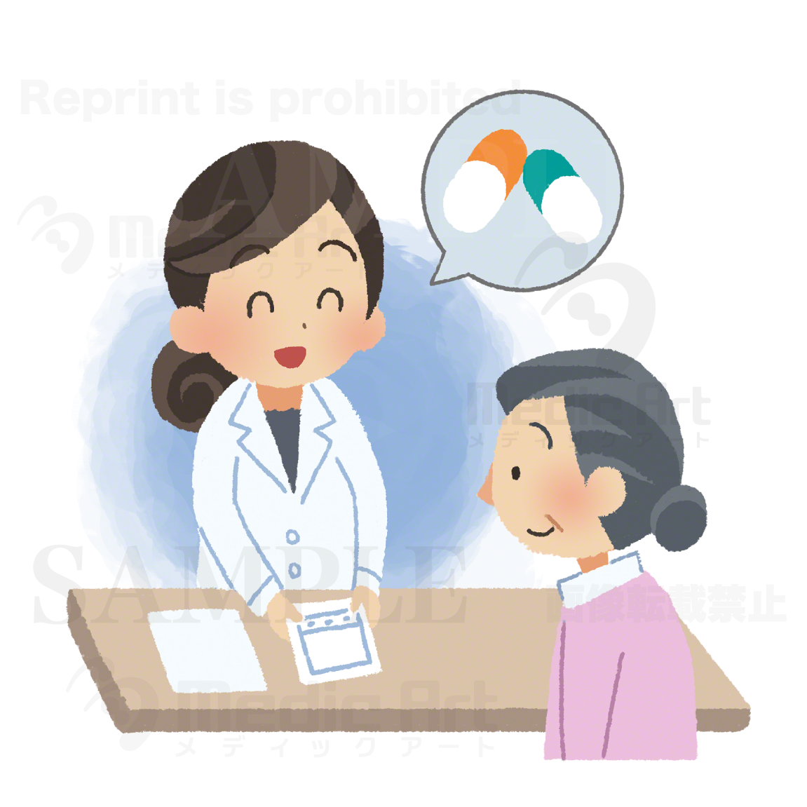 Elder woman who are hearing of explanation about medicine by pharmacist(Taking medicine instruction)