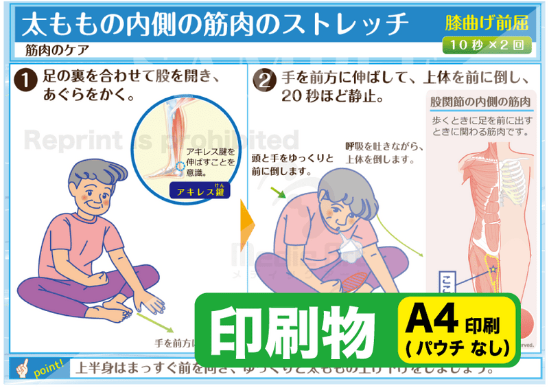 太ももの内側の筋肉のストレッチ（床に座る：膝曲げ前屈）　印刷物　専門家向け（A4）［送料込み］