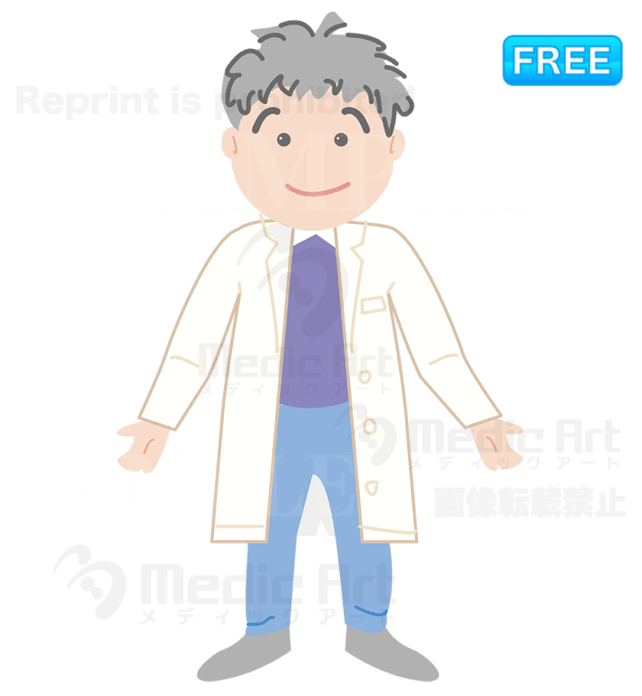 Ａ doctor who is relaxed and takes his breath deeply. /F2
