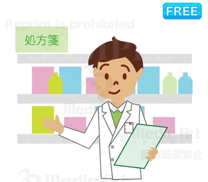 A pharmacist is explaining the medicine to the patient./F1− A pharmacist is explaining about medicines. “Do you have your medicine notebook?” 