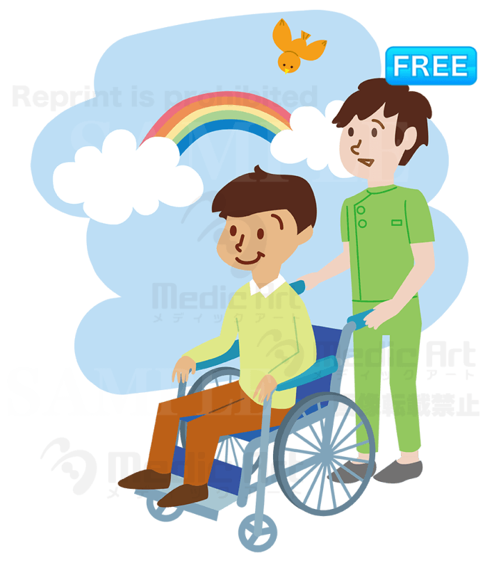 The patient who strolls in the hospital with a wheelchair. −“Look at that beautiful rainbow. I can feel happiness.”
