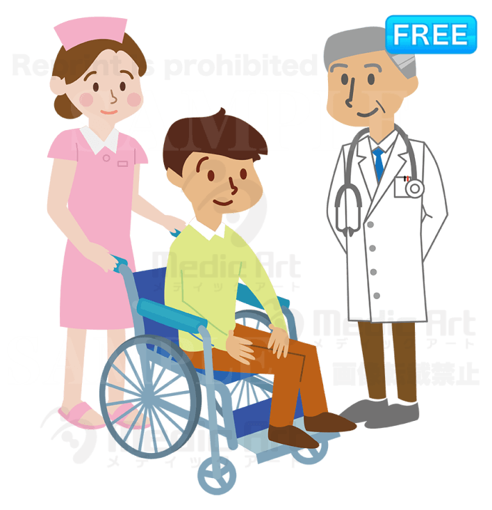 A nurse are pushing the wheelchair and the doctor is watching it.