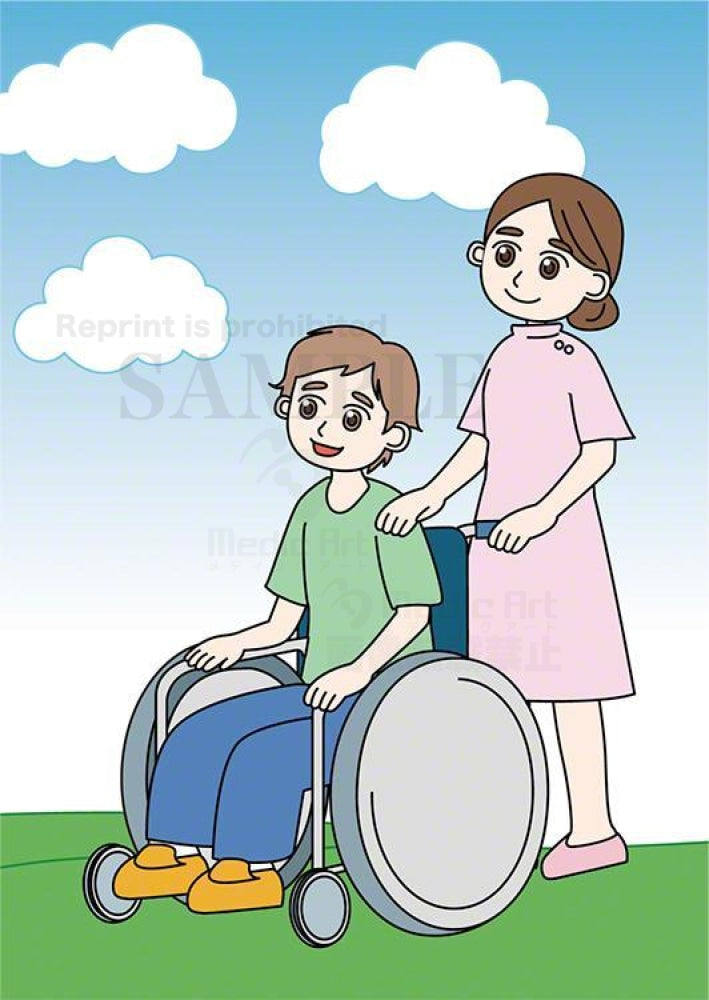 A patient in a wheelchair-mobile are taking a turn around with a nurse under the clear sky