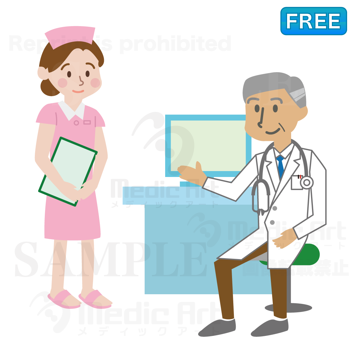 A doctor and a nurse are waiting for the patient who are waiting for consultation in the consultation room./F1